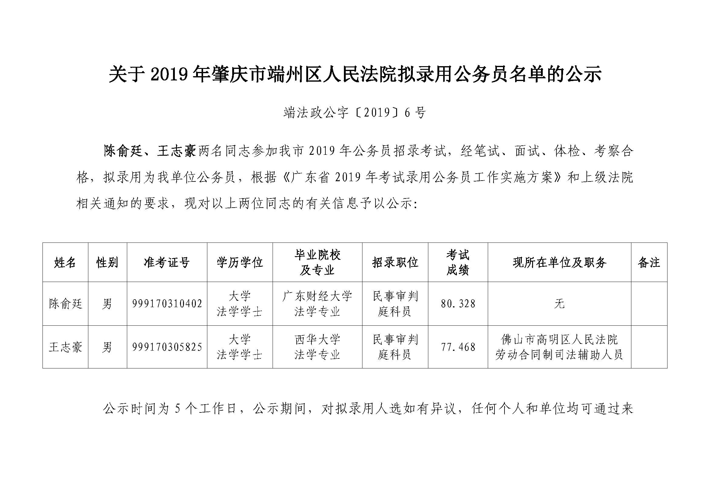关于2019年肇庆市端州区人民法院拟录用公务员名单的公示_页面_1.jpg